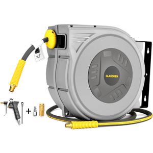 GLAHODEN Enclosed Retractable Air Hose Reel, 3/8 in x 50 Ft Hybrid Hose Air Compressor Hose Reel with 5 Ft Lead in Max 300 PSI Patented Design for Any Length Lock 180Swivel Bracket Quick Coupler