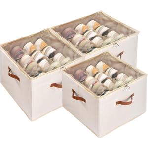 Shoe Organizer for Closet, 3 Pack Shoe Storage Bins with Clear Cover, Adjustable Dividers Fits 24-48 Pairs, Beige