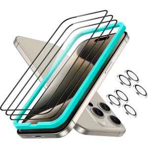 ESR 3+2 Pack for iPhone 15 Pro Screen Protector, [9H Hardness] [Military Grade Shatterproof] Full Coverage Ultratough Tempered Glass Film with Easy Installation Frame, 2 Set of Camera Lens Protector