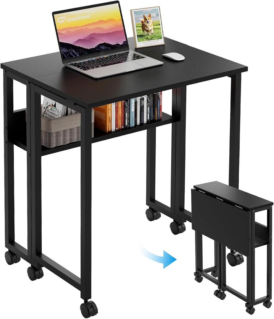 GreenForest Folding Desk Small Rolling Desk with Storage Shelf,24.8 inch Foldable Computer Desk with Wheels for Small Space,Easy Assembly,Black