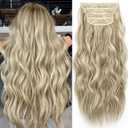 KooKaStyle Clip in Synthetic Highlight Hair Extensions Long Wavy 4PCS Thick Hairpieces Ashy Beige Blonde Balayage Fiber Double Weft Natural Hair Extensions 20 Inch for Women