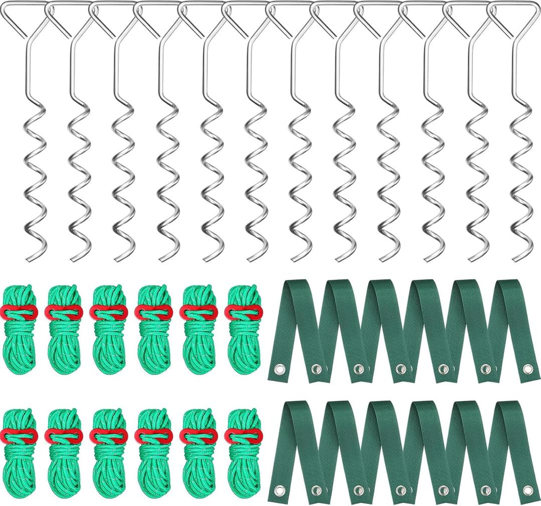 Sintuff 12 Set Tree Stakes and Supports Kit for Anti Hurricane Leaning Trees Straightening Heavy Duty 15. 75" Spiral Tree Stake with 13. 12 ft Ropes and 15. 75'' Support Straps (Green)