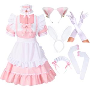 Irtysh Anime French Women Bunny Maid Sweet Kawaii Costume Cosplay Dress Furry Cat Ear Gloves Socks set (Small, Pink)