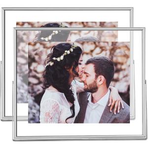 8x10 Floating Picture Frames Set of 2, Made of Metal and Double Real Glass, for Photo Size up to 10x12, Tabletop Display Home or Wedding Decoration (Horizontal Silver)
