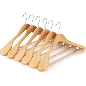 TOPIA HANGER Wide Shoulder Wooden Hangers, Suit Hangers with Non Slip Pants Bar & 360 Swivel Hook, Solid Wood Heavy Duty Coat Hanger, 6 Pack (Natural)-CT02NA