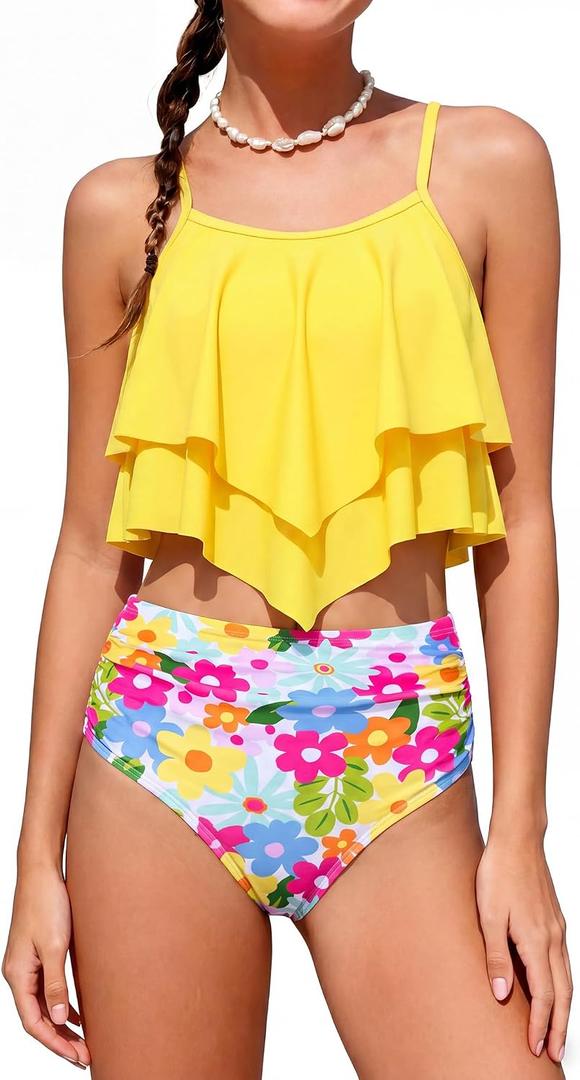 HOZIY Tween Girls Bathing Suits Size 10-12 Girl Two Piece Swimsuits Bikinis Tiered Flounce Swim Suits Pink Floral Flower Preteen