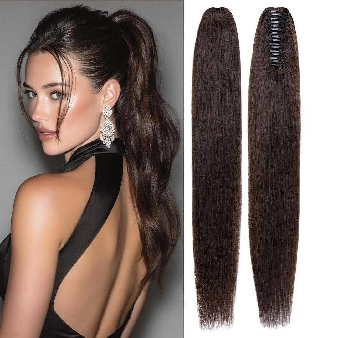 S-noilite Claw Clip Ponytail Extension Human Hair #2 Dark Brown Real Remy Human Hair Ponytail Extension 14inch Long Straight Hair Pony Tails Hair Extensions For Women 105Grams