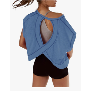 Kumufenc Women Short Sleeve Workout Shirts Open Back Tops Casual Yoga Y2k Athletic Gym Slouchy Crop Running Tees(Blue S)