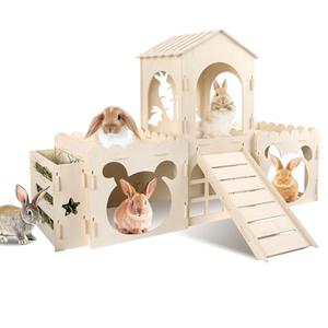 Large Rabbit Hideout Bunny Castle, Wooden Bunny House & Hay Feeder, Detachable Rabbit Hideaway, Indoor Rabbit Castle with Ramp, Small Animal Houses & Habitats