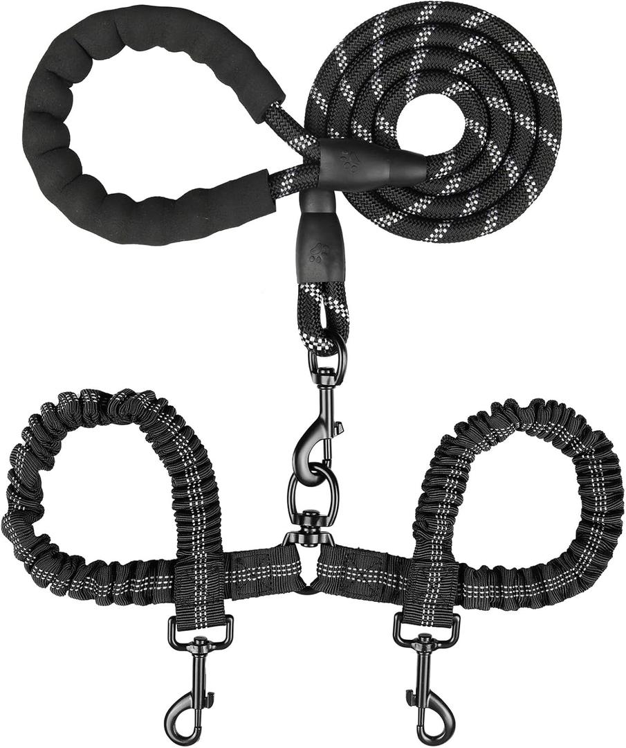Double Dog Leash, Dual Dog Leash, 360 Swivel Tangle Free Bungee Walking Training for Large Medium Dogs, Shock Absorbing Bungee Reflective for Two Dogs, 18~120 lbs, Black