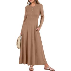 ANRABESS Women's Long Sleeve Maxi Dress 2026 Spring Casual Button Fit & Flare A-Line Flowy Dress for Office Daily Wear M