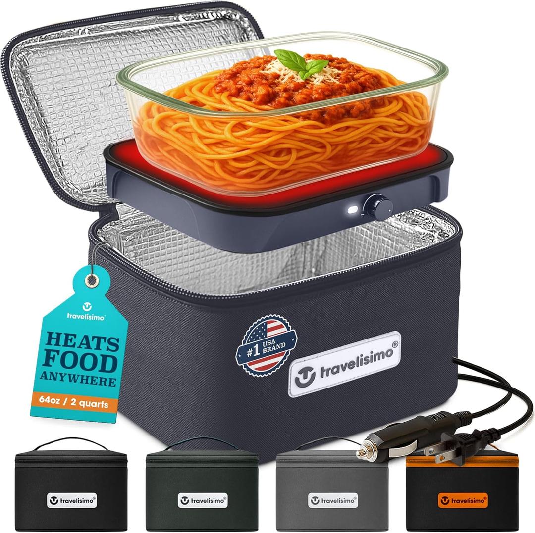 TRAVELISIMO Portable Microwave, Portable Food Warmer For Work & Home Use, Heated Lunch Box 12V/24V/110V, Portable Oven 3-in-1 Food Heater, Electric Lunch Box, Calentador de Comida Portatil (Gray)