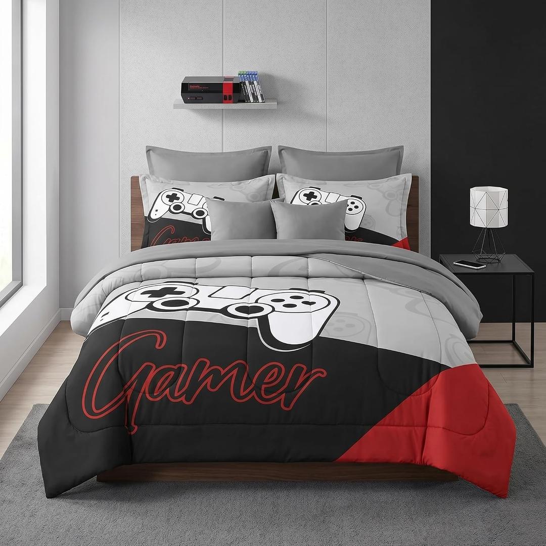 WeCozy Full Size Gaming Comforter Set, Red Black Video Game 7 Pcs Bedding for Kids and Teens, Gamepad Game-Themed Gamer Boys Room Decor with Flat Fitted Sheet