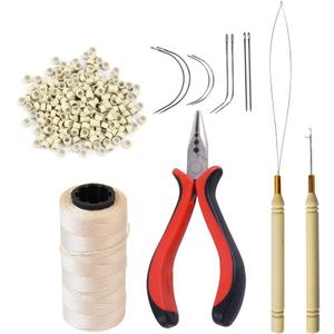 Hair Extensions Tool Kit: 200 Pcs Silicone Lined Micro Links Beads, 1 Three Hole Hair Pliers, 1 Roll Sewing Thread, 1 Loop Needle Threader, 1 Pulling Hook Needle, 8 Sewing Needles (Blonde)