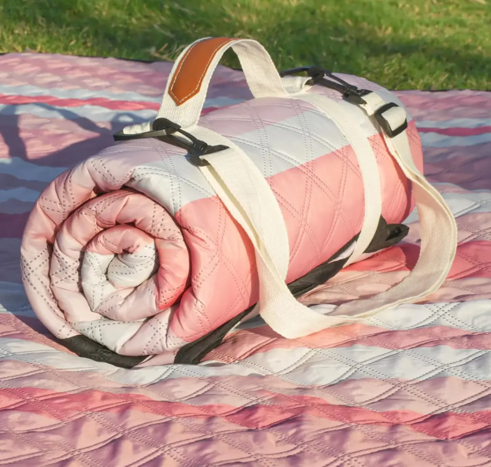Blanket Waterproof Foldable, Pink Flower Pattern Large Outdoor Picnic Blanket Beach Blankets Camping Blanket Travel Mat, Shoulder Strap Tote, Rectangle