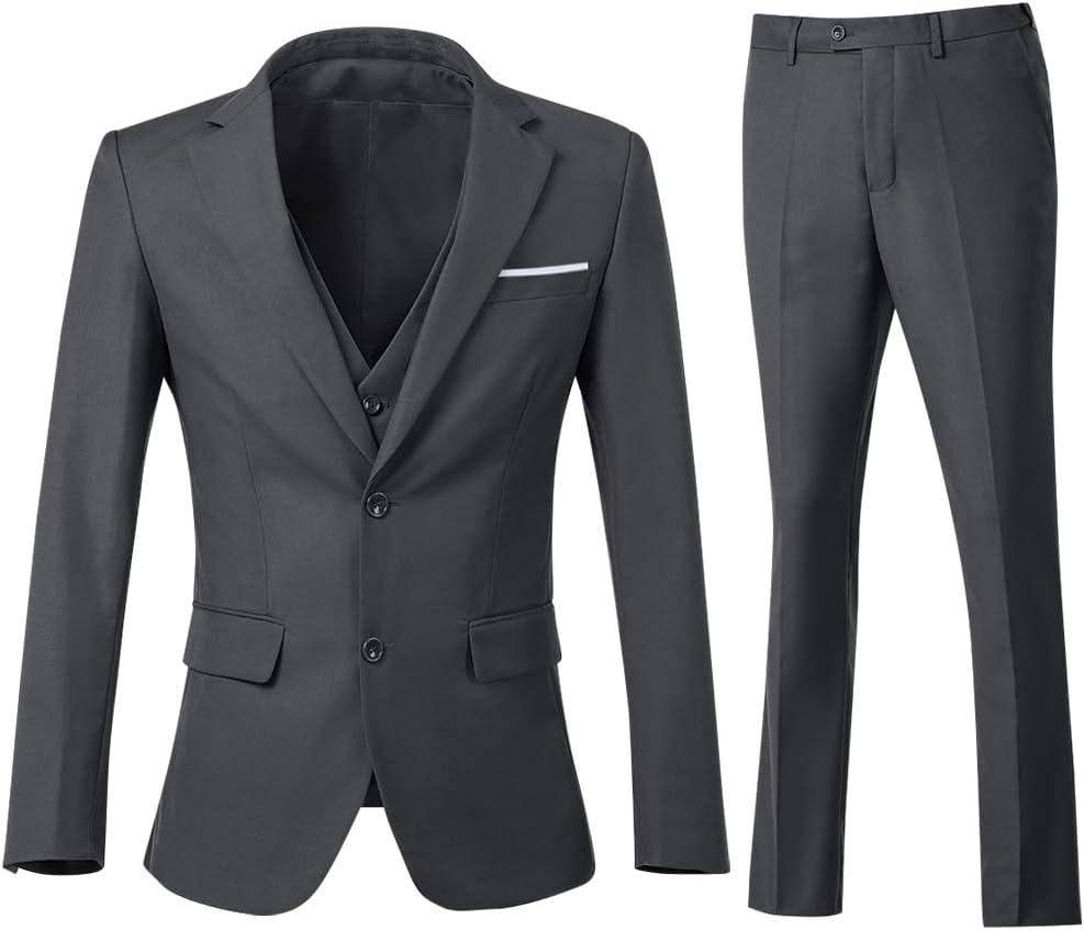 Men's 3 Piece Slim Fit Suit Set, Two Button Blazer Solid Jacket Vest Pants Wedding Business Suit (Size X-Large, Dark Grey)
