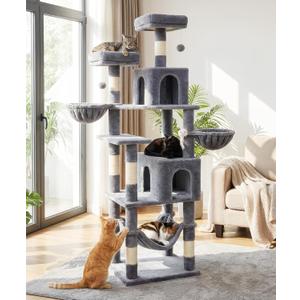 AMHANCIBLE Cat Tree, 70 Inch Cat Tower for Indoor Cats, Multi-Level Cat Tree with Scratching Post, Hammock, Hanging Basket, Large Cat Condos for Adult Cats Kittens, Grey, PT18GY