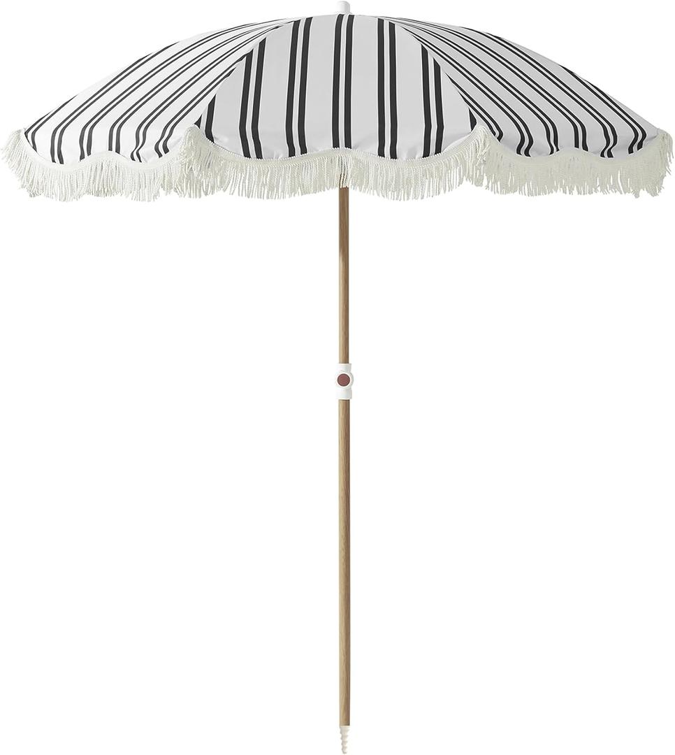 6FT Stripe Fringe Beach Umbrella for Sand with Sand Anchor, UPF 50+ Sun Shade with Tassels, Adjustable Tilt Pole, Portable Coastal Umbrella for Beach & Pool, Heritage Black Stripe