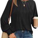 Women's Tops Dressy Casual Long Sleeve Pleated Shirts Crewneck Loose Basic T-Shirt Blouses 2024 Trendy Fall Clothes, S