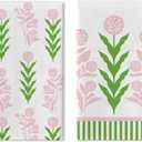 Dandelion Flower Kitchen Dish Towels Set of 2, Botanical Pink Green Floral Drying Hand Towel Baking Cooking Cloth, Spring Summer Bathroom Home Decoration 18'' x 26''
