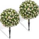 Set of 2 Artificial Topiary Ball Trees with White Mum, Faux Boxwoods for Outdoor Planters with Ground Spike, UV Resistant Artificial Outdoor Plants for Porch, Fake Bushes Round Shrub