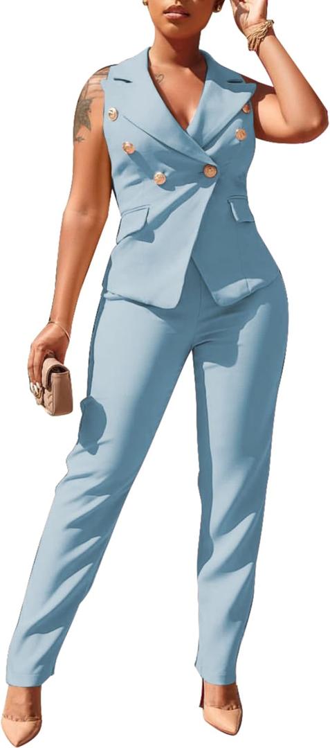 Women's Business Blazer Suit Ruffles Sleeveless Solid Two Piece Pant Set Professional Work Outfit for Office