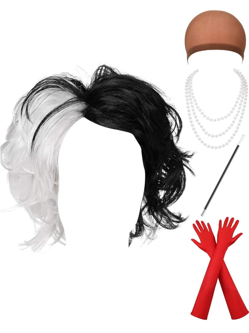 WILLBOND Halloween Lady Costume Wig Set Half Black and White Wig Faux Pearl Necklace (Style 2)