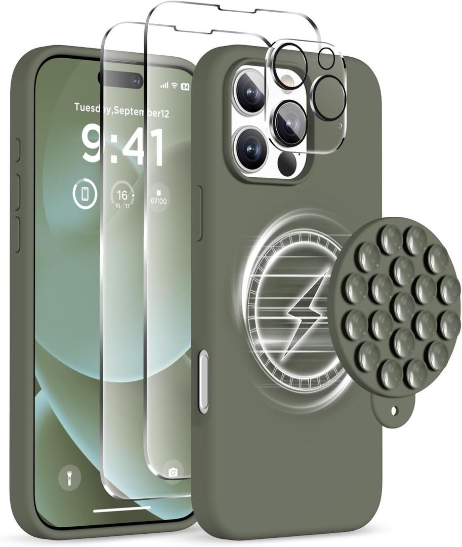 Magnetic for iPhone 16 Pro Case, Compatible with Magsafe, Suction Cup Phone Mount, 2 Screen Protectors - Camera Protector, Silicone Shockproof Protective Phone Cover 6.3", Olive Green