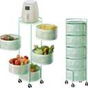 JAQ Rotating Fruit Basket, 5-Tier Metal Sturdy Kitchen Storage Rack Shelf Carts No Assembly on Rolling Wheels for Fruit Vegetable Grocery Corns Potato Onion (5-Tier, Green), 13.38 inches x 13.38 inches x 36.22 inches