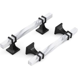 Haliwu 10 Pack White Marble Grain Cabinet Pulls, 4 inch Black Kitchen Handles, 2 Tone Solid Square Dresser and Drawer Hardware