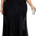 TIARALY Plus Size Wedding Guest Dress Chiffon Lace Evening Gown with Handkerchief Sleeves Cocktail Party Maxi Dress, Black, 1X