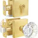 HIEMEY Satin Brass Diamond Glass Crystal Door Knob and Single Cylinder Deadbolt Set
