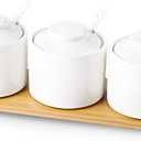 ONTUBE Ceramic Condiment Jar Set of 3 with Tray, Condiment Pot With Spoon and Lid, Seasoning Box,Sugar Bowl, 8oz (White)