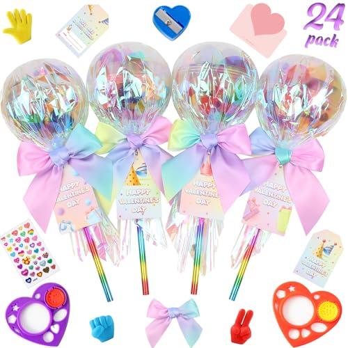 Deerher Valentines Day Gifts for Kids - 24 Pack Giant Rainbow Stationery Set with Valentine's Cards for School Classroom Class Party Favor - Valentine Gift Exchange for Boys Girls Toddler