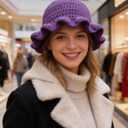 Women Crochet Bucket Hat Cute Winter Ruffled Brim Floppy Cap Handmade Knit Cloche Hats (Purple)