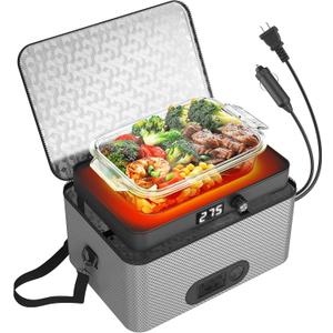 Portable Oven, 12V 24V 110V-240V Car Food Warmer Portable Personal Mini Oven Electric Heated Lunch Box for Meals Reheating & Raw Food Cooking for Road Trip/Camping/Picnic/Family Gathering(Gray)