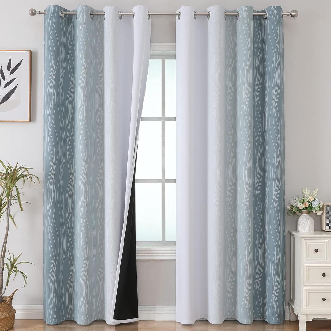 Estelar Textiler Stone Blue and Greyish White Ombre Blackout Curtains 90 Inch Length 2 Panels Set, Thermal Insulated Drapes for Bedroom, Full Room Darkening Gradient Curtains for Living Room, 52Wx90L