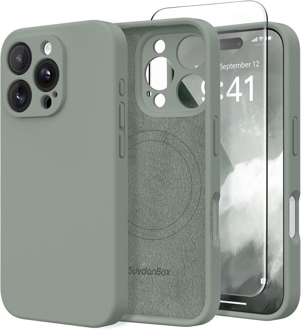 Magnetic for iPhone 16 Pro Case, Compatible with MagSafe, [Full Camera Protection][Screen Protector] Silicone Shockproof Protective Phone Case for iPhone 16 Pro 6.3", Calke Green
