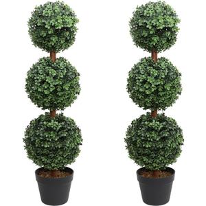 Artificial Topiary Ball Tree, 35inch Fake Topiaries Triple Ball Trees, Hold Nature 2Pack Faux Boxwood Plants Potted for Indoor Outdoor Decor (Set of 2) (Dark Green)