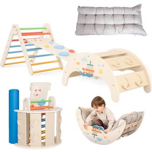Pikler Triangle Set Toddler Climbing Toys Indoor Kids Wooden Gym | 7-in-1 Jungle Play Gym Baby Playground Montessori Toys Slide Balance Beam Arch Ladder for Kids 1-6 Gifts