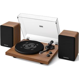 QLEARSOUL SoulBox S1 Vinyl Record Player with Stereo Speakers, Turntable with Built-in Preamp, S-Shaped Tonearm, 33/45 RPM - Walnut