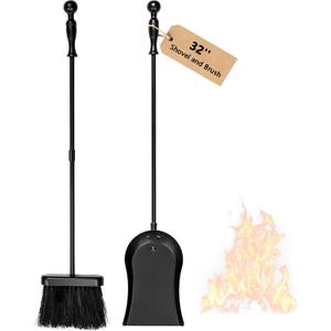 AMAGABELI Metal Fireplace Ash Shovel and Brush Set Accessories 32'' Rust Resistant with Smooth Long Handle Coal Shovel Hearth Broom Fire Place Tools Set Indoor Outdoor for Wood Stove Fire Pit