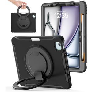 BATYUE Case for iPad Air 11" M2/M3, Air 4/5 10.9", iPad Pro 11" 1st-4th Gen (2018-2022) - Protective Shockproof Cover with Pencil Holder & Multi-Angle Ring Stand, Black