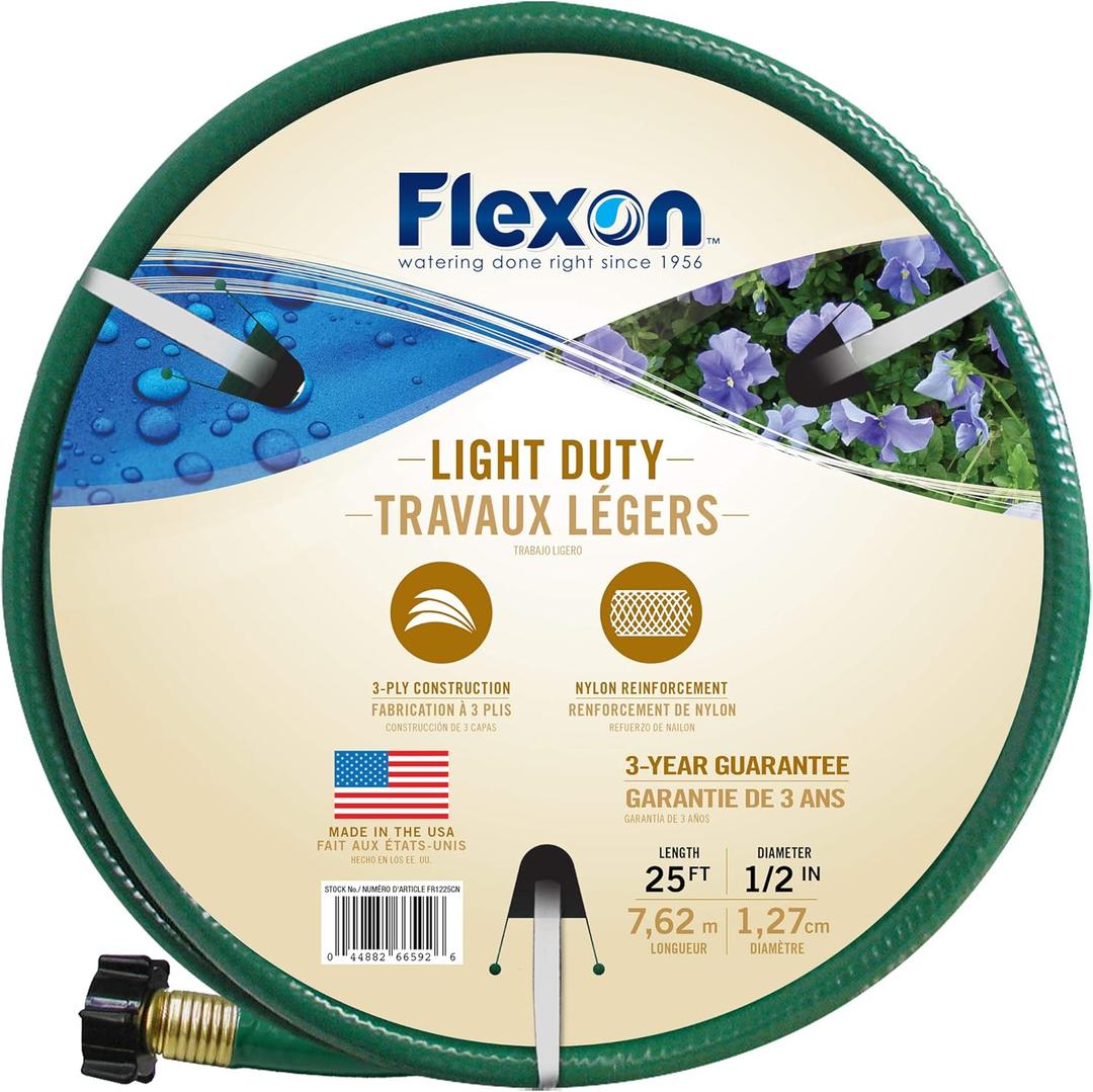 Flexon 1/2" x 25ft Light Duty Garden Hose  Lightweight, Flexible, Kink-Resistant, Durable Vinyl, Leak-Proof Couplings, Weather-Resistant Water Hose for Lawn, Garden, and Outdoor Use