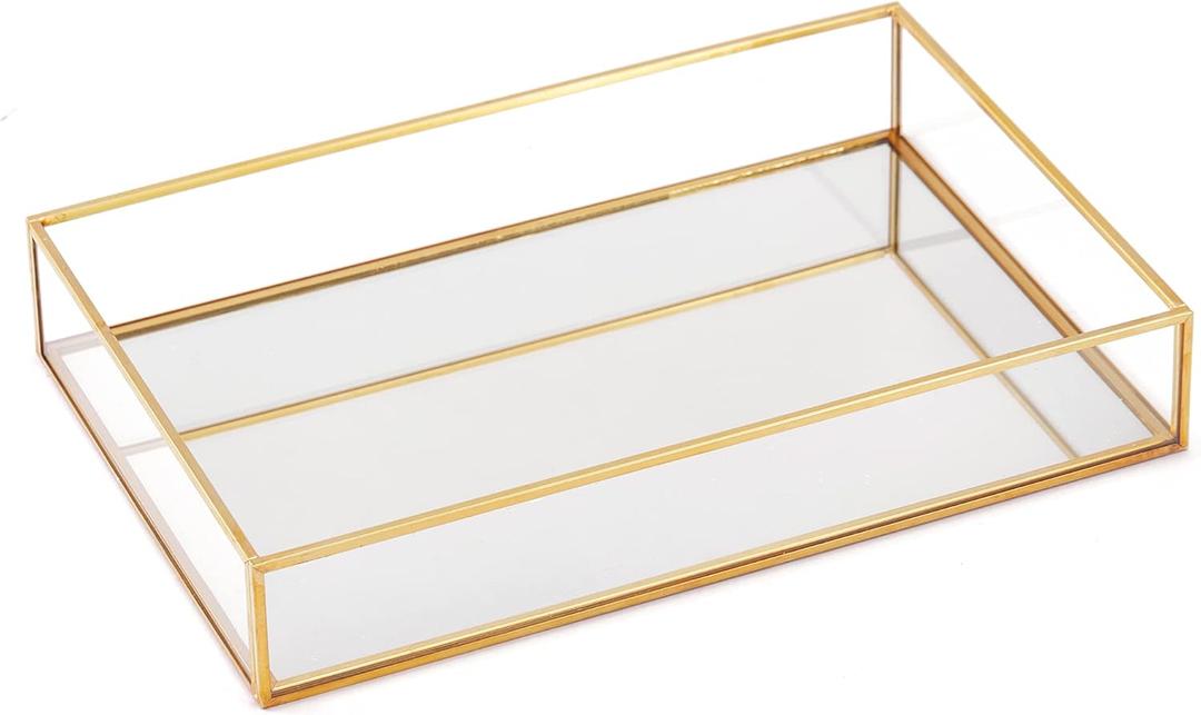 Gold Mirror Decorative Tray Jewelry Perfume Organizer Vanity Tray, Dresser Tray, Bathroom Bedroom Cosmetics Storage, Metal and Glass, Rectangular, 11.8"x7.9"x2"