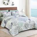 WONGS BEDDING Comforter Set King Size,Coastal Beach Theme Bedding Set, 7 Pieces Ocean Nautical Seaweed & Starfish Summer Bed in a Bag Holiday Sea House Comfoters with Sheets(104"90")