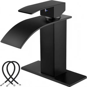 Midanya Waterfall Spout Bathroom Faucet Single Handle 1 Hole Bathroom Sink Faucet,Modern RV Lavatory Vanity Basin Faucet with 6 Inch Deck Plate for 1 or 3 Hole and Water Hose,Matte Black