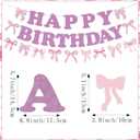 2 x Bow Happy Birthday Banner Bow Garland Pink Bow Coquette Decor for Bachelorette Party Decorations Girls Women Baby Shower Birthday Party Supplies
