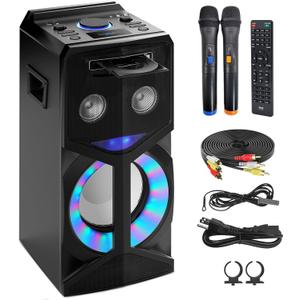 Pyle Audio Video DVD Karaoke PA Speaker System w/2 Wireless Microphones - 800W Built-in Multimedia Disc Player, Bluetooth, FM Radio, USB Slot, LED Display Screen, Remote Control and Cables included
