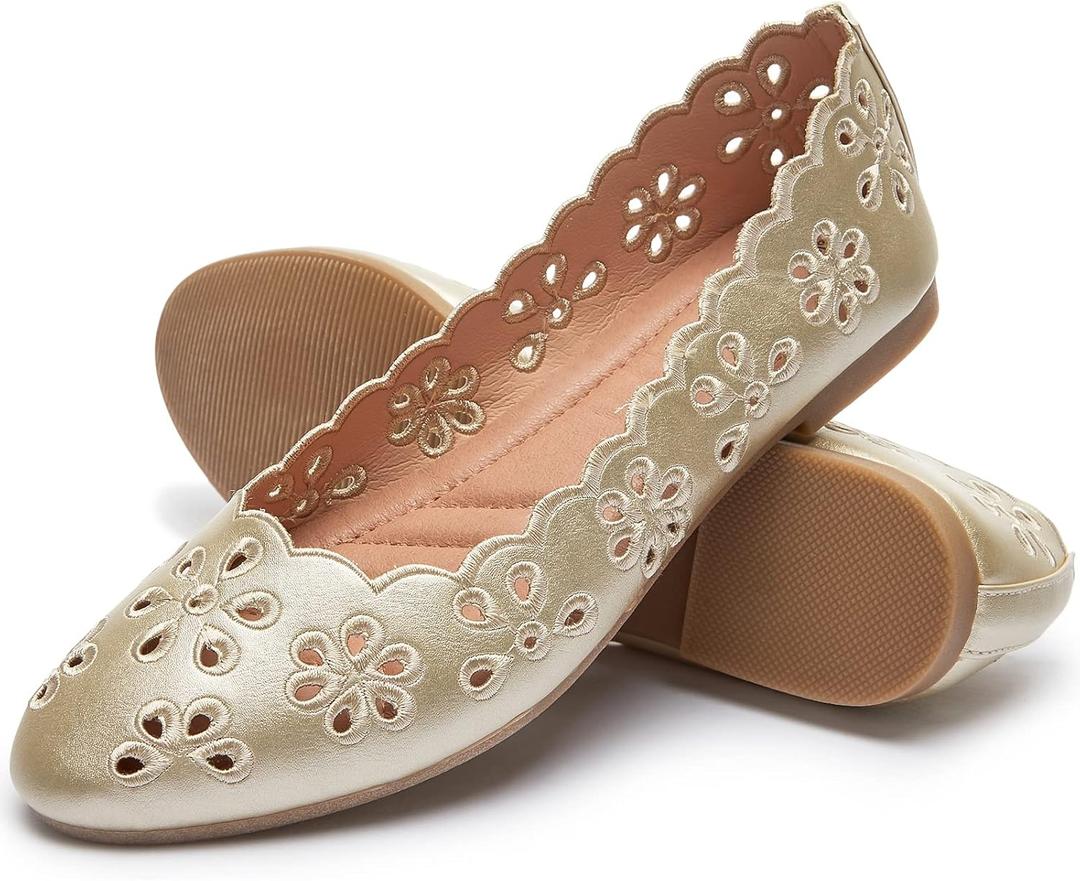 FRACORA Women's Ballet Flats Black PU Leather Dress Shoes Comfortable Round Toe Slip on Flats with Breathable Eyelets (7.5, Gold)